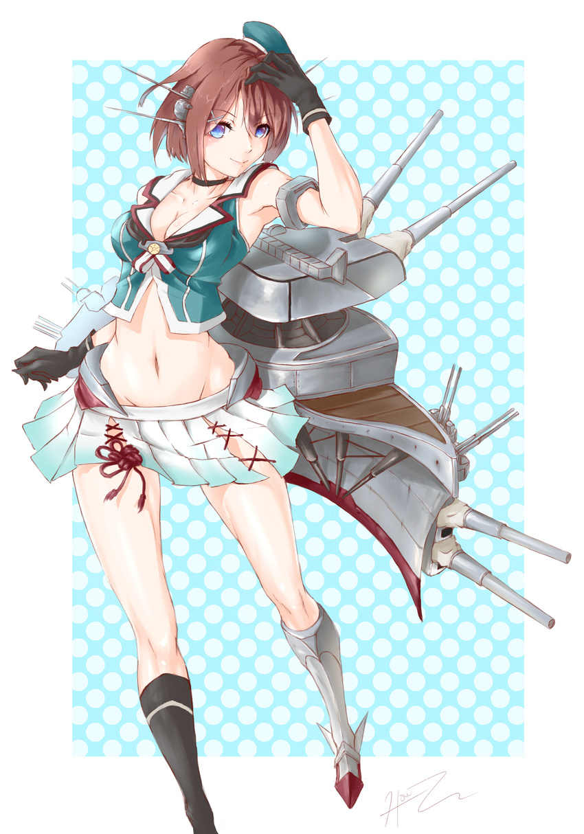 blue_eyes breasts brown_hair cleavage gloves groin hat highres kantai_collection maya_(kantai_collection) medium_breasts navel platinum_disco remodel_(kantai_collection) rigging short_hair skirt smile solo