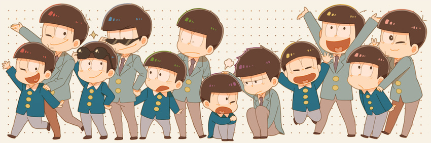 bad_id bad_pixiv_id brothers child closed_eyes dual_persona eyewear_on_head formal heart heart_in_mouth jumping leg_hug male_focus matching_outfit matsuno_choromatsu matsuno_ichimatsu matsuno_juushimatsu matsuno_karamatsu matsuno_osomatsu matsuno_todomatsu mochi730 multiple_boys oldschool osomatsu-kun osomatsu-san outstretched_arm petting polka_dot polka_dot_background sextuplet_(osomatsu-kun) sextuplets siblings sitting smile suit sunglasses v wing_collar younger