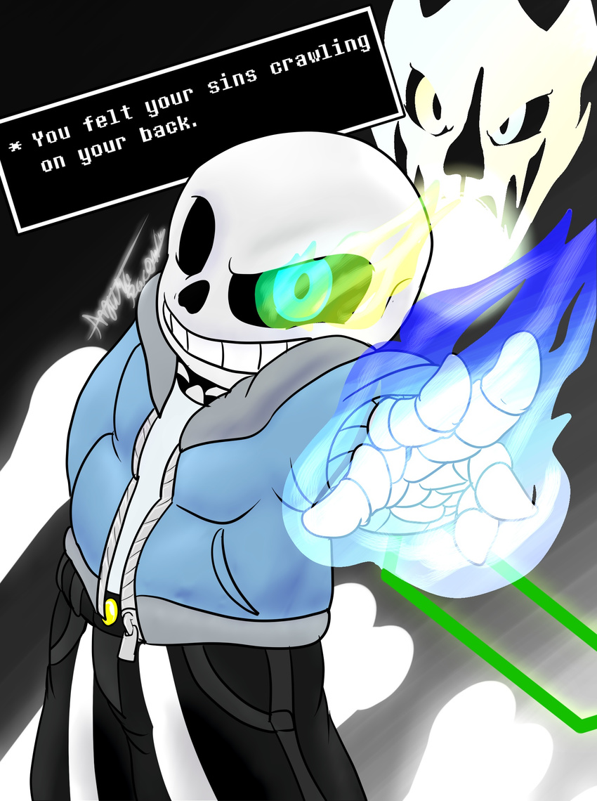 1_eye azuraracon bad_time blue_eyes bone clothing cow_skull dialogue_box energy gaster_blaster_(undertale) genocide get_dunked_on hoodie looking_at_viewer magic monster no_mercy reaching_towards_viewer sans shorts skeleton skull text undertale video_games