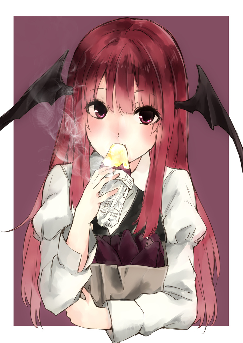 absurdres bag black_dress demon_girl demon_wings dress eating food head_wings highres koakuma long_hair long_sleeves looking_at_viewer nagata_nagato red_eyes red_hair shirt solo steam sweet_potato touhou upper_body very_long_hair wings yakiimo