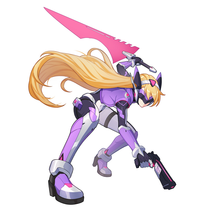 1girl absurdres adapted_costume aged_up alternate_costume alternate_hairstyle armored_boots assault_visor asymmetrical_dual_wielding blonde_hair body_armor bodysuit boots breasts chest_jewel ciel_(mega_man) commentary commission commissioner_upload covered_navel cropped_jacket dual_wielding elbow_gloves energy_gun energy_sword english_commentary fighting_stance forehead_jewel full_body gauntlets gloves gun high_heel_boots high_heels highres holding holding_energy_gun holding_gun holding_sword holding_weapon holster hood hood_down hooded_jacket jacket knee_boots long_bangs long_hair mechanical_ears mega_man_(series) mega_man_zx multiple_weapons non-web_source small_breasts solo sword thigh_holster thigh_strap transparent_background uta_guipiy weapon