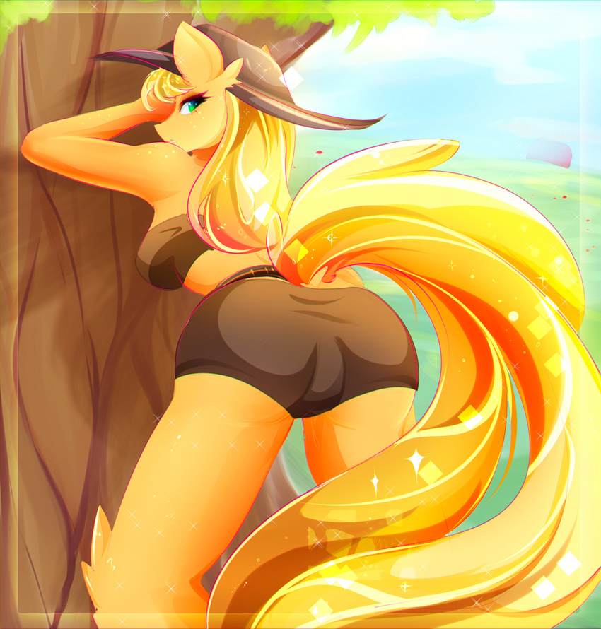 anthro anthrofied applejack_(mlp) blonde_hair breasts butt clothed clothing equine female freckles friendship_is_magic hair half-closed_eyes hat horse invalid_tag koveliana looking_at_viewer looking_back mammal my_little_pony orange_skin outside pony solo tree