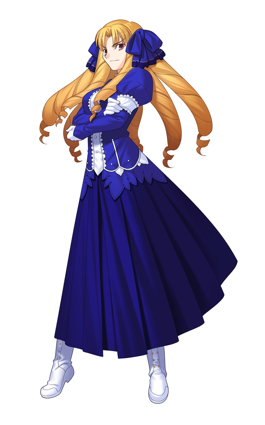 blonde_hair blue_dress brown_eyes crossed_arms dress fate/hollow_ataraxia fate_(series) full_body hair_ornament highres long_hair looking_at_viewer luviagelita_edelfelt pleated_dress solo takeuchi_takashi transparent_background