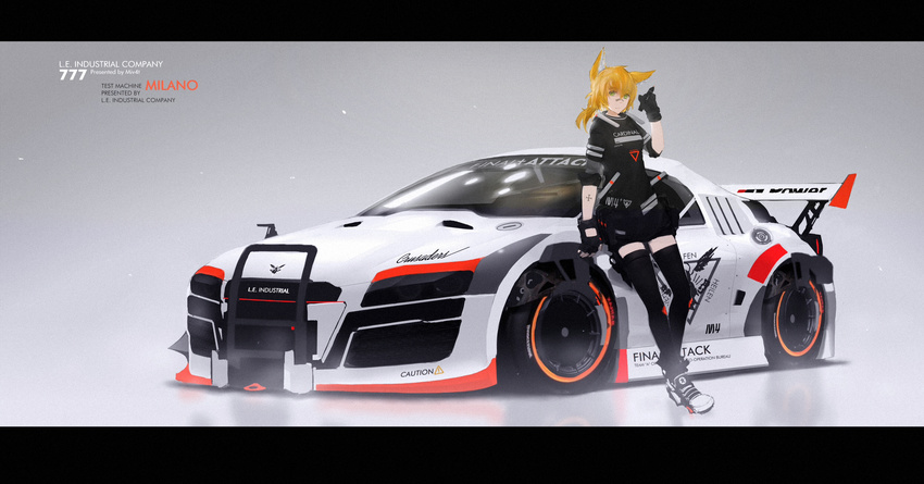 animal_ears audi bad_id bad_pixiv_id bandaid bandaid_on_nose blonde_hair car english fingerless_gloves fox_ears gloves ground_vehicle highres letterboxed mivit motor_vehicle original ponytail racecar solo spoiler_(automobile) tattoo thighhighs yellow_eyes zettai_ryouiki