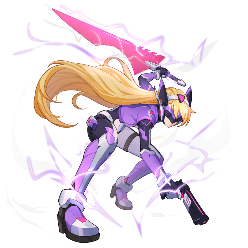 1girl absurdres adapted_costume aged_up alternate_costume alternate_hairstyle armored_boots assault_visor asymmetrical_dual_wielding blonde_hair body_armor bodysuit boots breasts chest_jewel ciel_(mega_man) commentary commission commissioner_upload covered_navel cropped_jacket dual_wielding elbow_gloves electricity energy energy_gun energy_sword english_commentary fighting_stance forehead_jewel full_body gauntlets gloves gun high_heel_boots high_heels highres holding holding_energy_gun holding_gun holding_sword holding_weapon holster hood hood_down hooded_jacket jacket knee_boots long_bangs long_hair mechanical_ears mega_man_(series) mega_man_zx multiple_weapons non-web_source small_breasts solo sword thigh_holster thigh_strap transparent_background uta_guipiy weapon