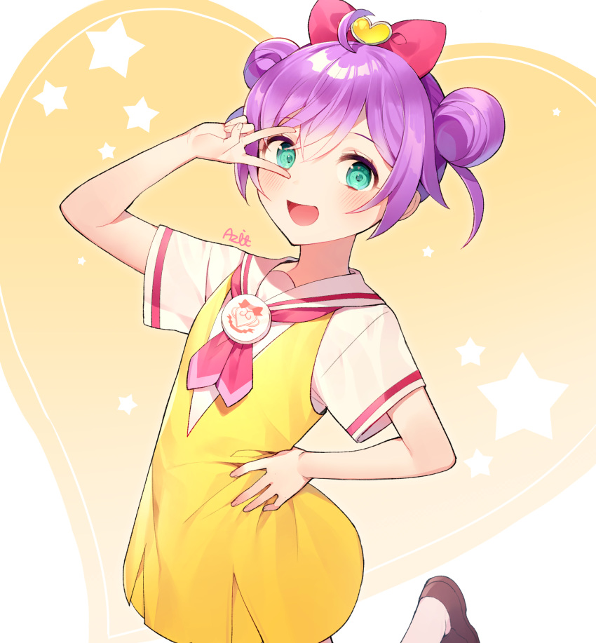 1girl :d ahoge arm_up azit_(down) bangs blush bow brown_footwear commentary_request double_bun dress eyebrows_visible_through_hair fingernails green_eyes hair_between_eyes hair_bow hand_on_hip heart highres manaka_lala open_mouth pink_bow pripara purple_hair red_neckwear sailor_collar shirt shoes short_sleeves side_bun signature sleeveless sleeveless_dress smile solo standing standing_on_one_leg star v_over_eye white_sailor_collar white_shirt yellow_dress