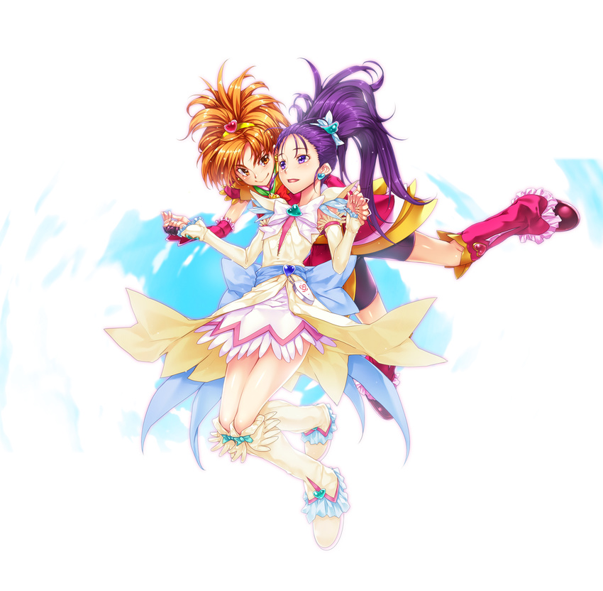 akari_maki bike_shorts blue_bow boots bow brown_eyes brown_hair cure_bloom cure_egret fingerless_gloves full_body futari_wa_precure_splash_star gloves highres hyuuga_saki knee_boots leg_warmers long_hair magical_girl md5_mismatch mishou_mai multiple_girls ponytail precure purple_eyes purple_hair skirt smile white_bow