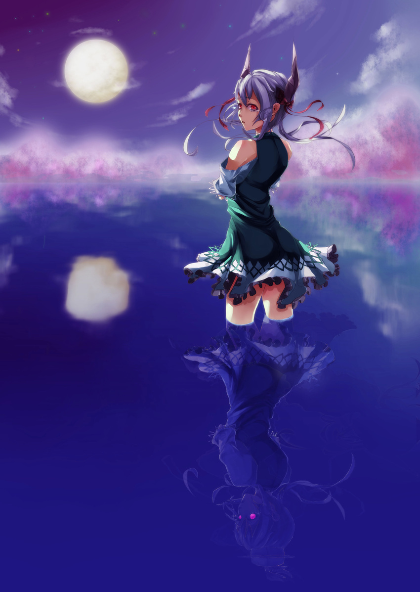 absurdres adapted_costume ass blue_dress bow cherry_blossoms different_reflection dress ears ex-keine frilled_dress frills green_dress grey_hair hat highres horn_bow horn_ribbon horns kamishirasawa_keine long_ponytail looking_back looking_to_the_side maoxingzhe moonlight night night_sky open_mouth pink_eyes red_eyes reflection ribbon short_dress short_hair short_sleeves sidelocks silhouette sky sleeveless sleeveless_dress solo standing star_(sky) tears thighs touhou wading water white_dress wind