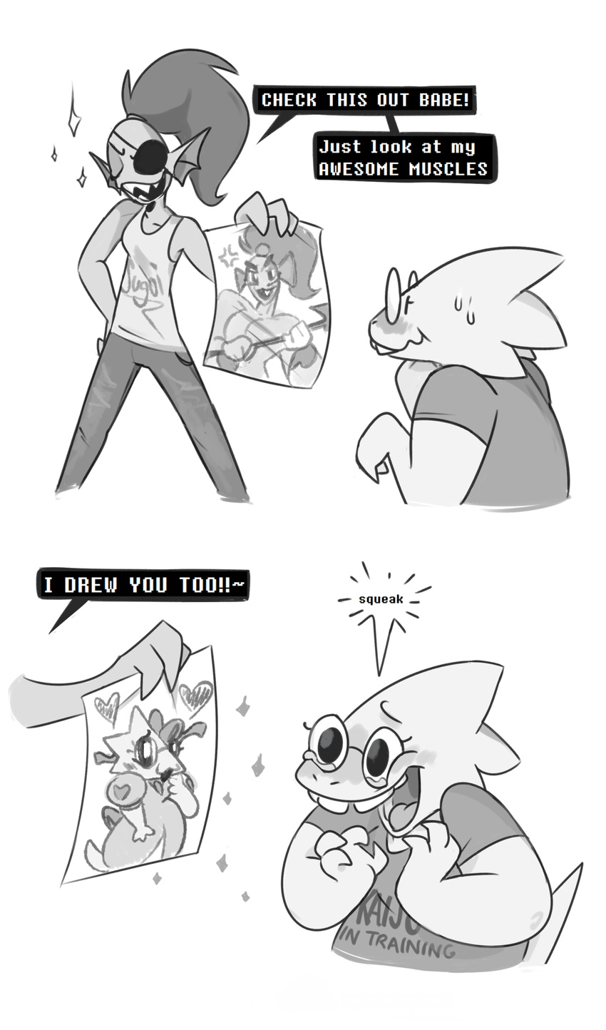&lt;3 alphys clothing dialogue duo excited eye_patch eyewear female female/female happy monochrome paper smile undertale undyne unknown_artist video_games