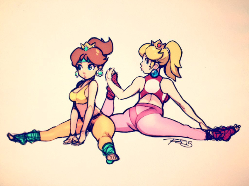 ass back-to-back bare_shoulders blonde_hair blue_eyes breasts brown_hair crown earrings half_updo headband jewelry leg_warmers leggings long_hair looking_at_viewer looking_back mario_(series) midriff multiple_girls nintendo ponytail princess_daisy princess_peach robert_porter sitting sketch spandex split sports_bra stretch super_mario_bros. super_mario_land toes yoga_pants