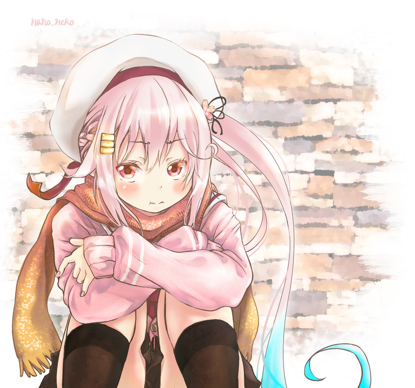 :t artist_name beret blue_hair blush brick_wall flower_ornament gradient_hair hair_ornament hair_ribbon harusame_(kantai_collection) hat highres kantai_collection leg_hug long_hair long_sleeves looking_at_viewer multicolored_hair nano_neko pink_eyes pink_hair pink_sweater pleated_skirt pout ribbon scarf school_uniform side_ponytail sitting skirt solo sweater