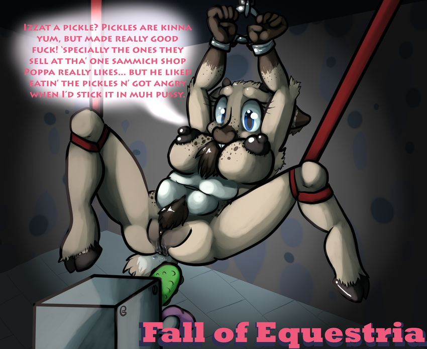 2015 airhead anthro bdsm blue_eyes bondage bound breasts cervine clexyoshi dialogue dildo english_text fall_of_equestria fan_character mammal my_little_pony nipples nude pussy reindeer sex_toy susbended text
