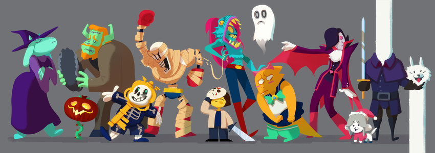 alphys asgore_dreemurr blush canine costume dog female ghost halloween holidays human lesser_dog male mammal mask melee_weapon mettaton napstablook papyrus_(undertale) protagonist_(undertale) sans_(undertale) spirit sword temmie_(undertale) toriel undertale video_games weapon