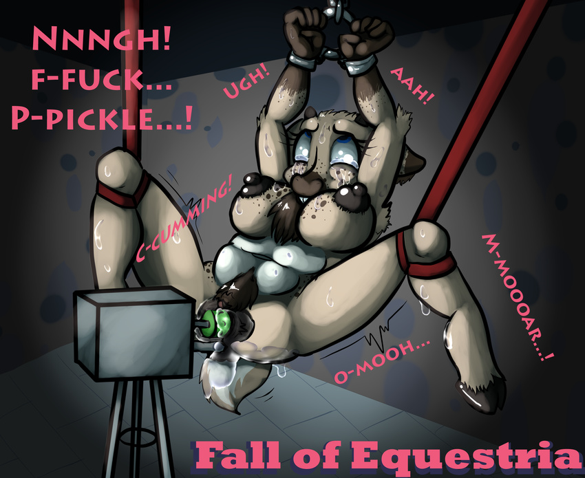 2015 airhead anthro bdsm blue_eyes bondage bound breasts cervine clexyoshi dialogue dildo english_text fall_of_equestria fan_character fucking_machine insertion machine mammal my_little_pony nipples nude penetration pussy reindeer sex_toy suspension tears text vaginal vaginal_insertion vaginal_penetration