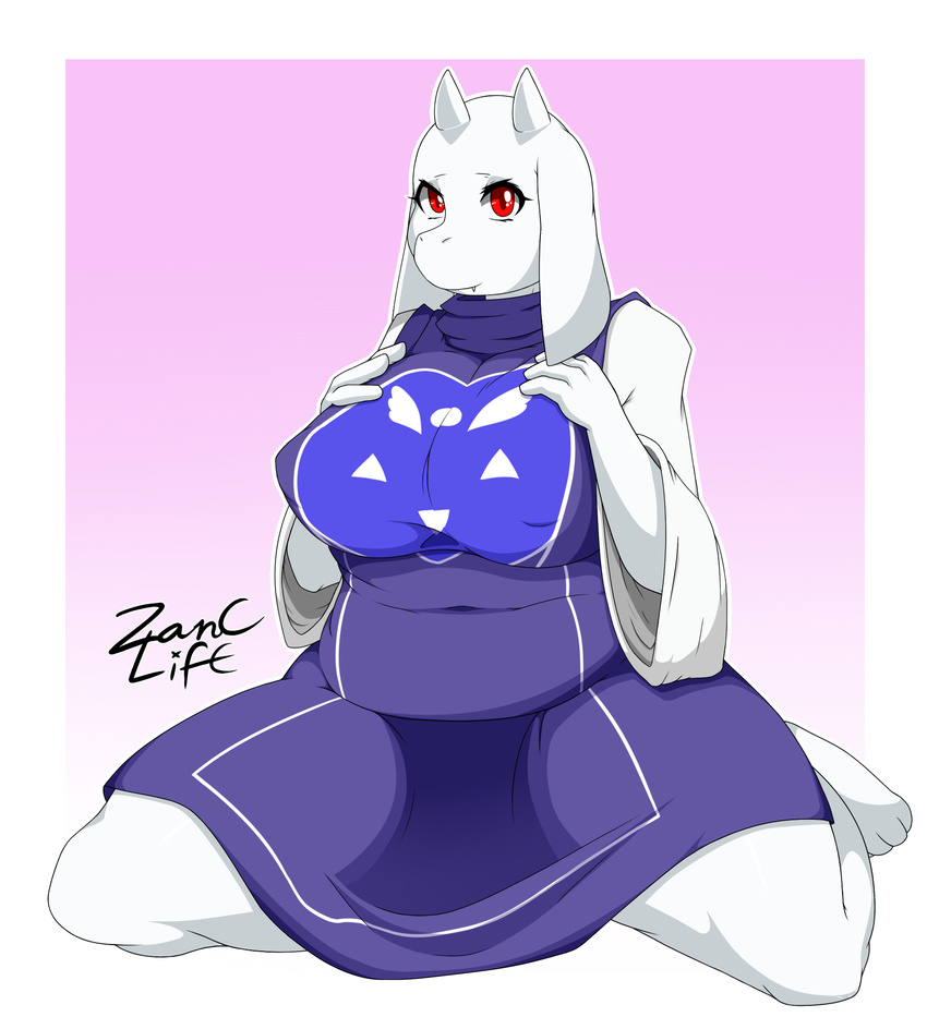 2015 anthro big_breasts breasts caprine chubby clothed clothing dress female fur goat horn mammal monster red_eyes sitting solo toriel undertale video_games white_fur zanclife