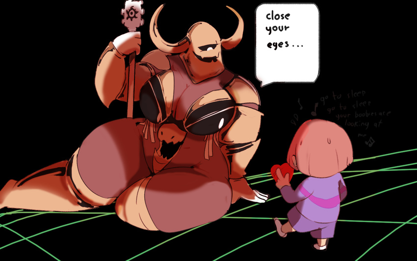 &lt;3 ambiguous_gender armor breasts child cleavage clothed clothing duo english_text female horn human knight knight_knight mammal multiple_eyes musical_note protagonist_(undertale) shamelesss singing size_difference speech_bubble sweat sweatdrop text undertale video_games young