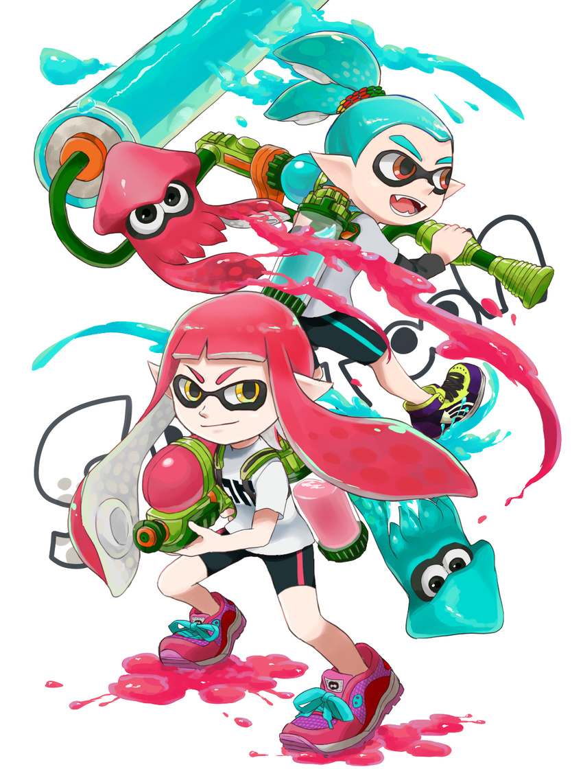 1girl bike_shorts domino_mask fangs highres ink_tank_(splatoon) inkling kinagi_(3307377) long_hair looking_at_viewer mask open_mouth paint_roller pointy_ears shoes simple_background smile sneakers splat_roller_(splatoon) splatoon_(series) splatoon_1 splattershot_(splatoon) squid super_soaker tentacle_hair white_background