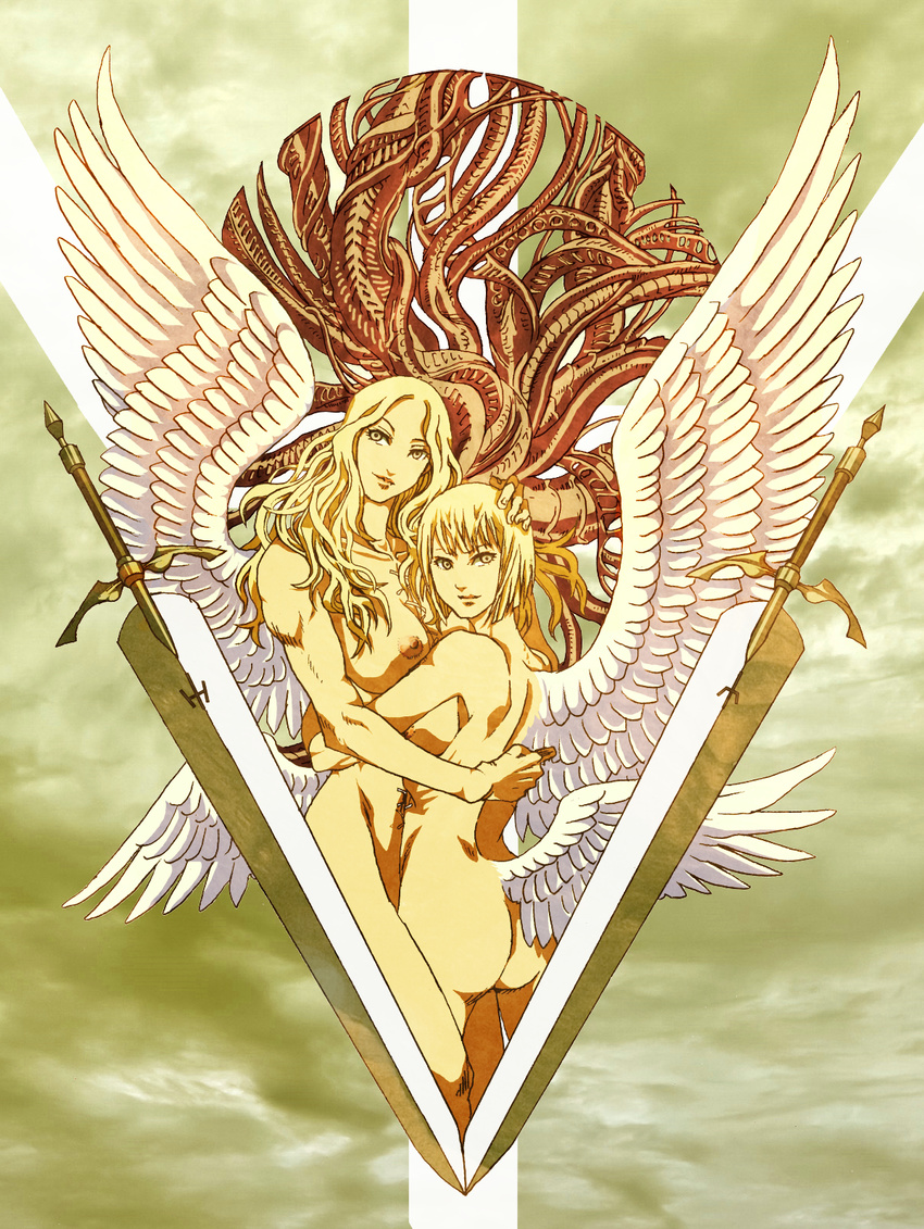 angel_wings ass breasts clare_(claymore) claymore claymore_(sword) feathers groin hand_on_another's_head highres hug large_breasts long_hair multiple_girls nipples nude short_hair smile sword teresa_(claymore) weapon wings yamanegi yellow_eyes