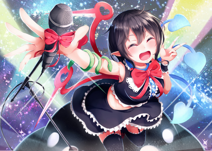 adapted_costume alternate_costume arm_snake asymmetrical_wings black_hair blush bow closed_eyes crop_top garter_straps happy heart houjuu_nue idol igakusei microphone microphone_stand open_mouth outstretched_arm pointy_ears ribbon short_hair skirt skirt_set sleeveless smile snake solo thighhighs touhou ufo v wings wrist_cuffs zettai_ryouiki