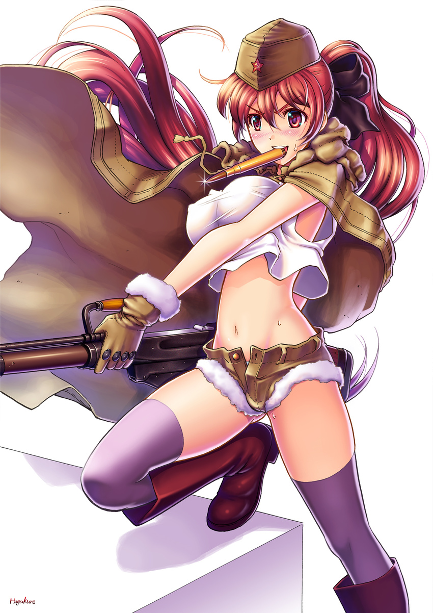 :d artist_name blush boots bow breasts brown_gloves cape cartridge crop_top crop_top_overhang fur_gloves gloves gun hair_bow hammer_and_sickle hat highres knee_boots large_breasts long_hair midriff mouth_hold navel number10_(hagakure) open_fly open_mouth original ponytail ptrs-41 purple_legwear red_eyes red_footwear rifle shirt short_shorts shorts skindentation smile solo sweatdrop tank_top taut_clothes taut_shirt thighhighs unzipped v-shaped_eyebrows very_long_hair weapon white_shirt