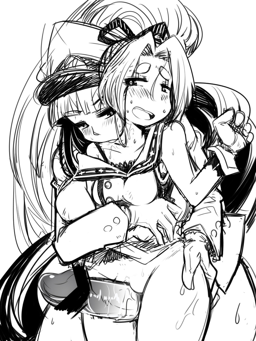 amagaeru_(hylathewet) between_legs blush censored female_admiral_(kantai_collection) futa_with_female futanari gloves greyscale hat hatsuharu_(kantai_collection) highres kantai_collection licking long_hair military military_uniform monochrome multiple_girls naval_uniform penis thigh_sex uniform very_long_hair