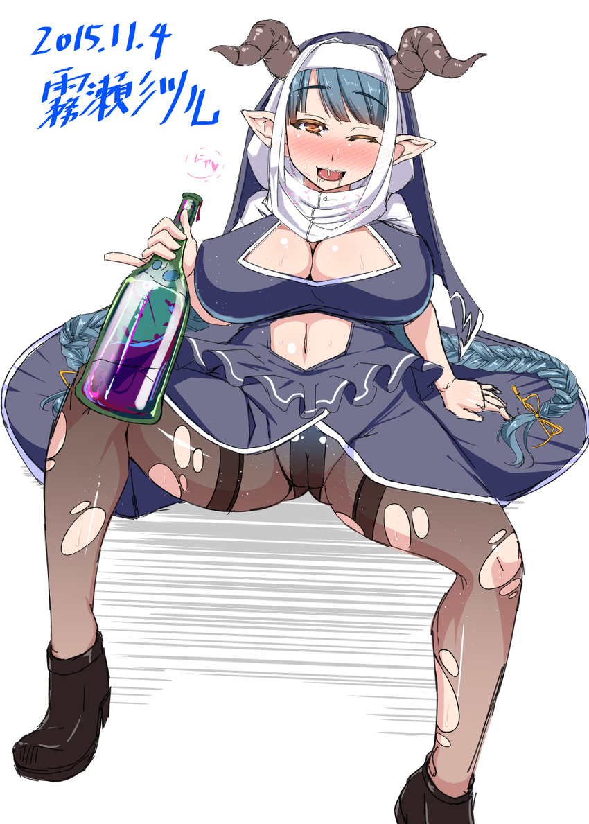 bad_id bad_pixiv_id blue_hair bottle braid breasts cameltoe cleavage dated draph drunk granblue_fantasy habit highres horns kirise_mitsuru lamretta large_breasts long_hair navel one_eye_closed pantyhose pinky_out pointy_ears saliva sitting solo torn_clothes torn_legwear translation_request twin_braids very_long_hair