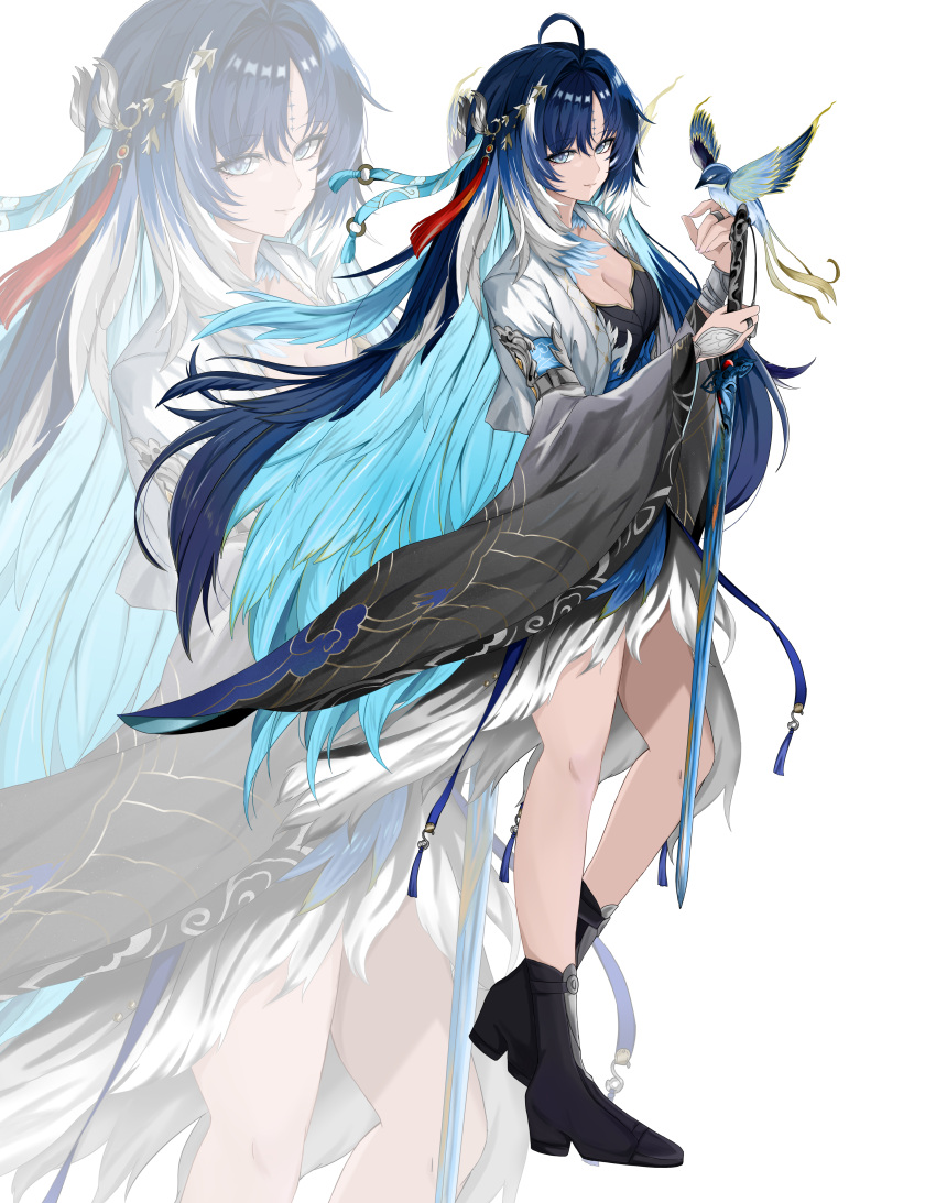 1girl absurdres bird bird_on_hand black_boots black_dress blue_bird blue_eyes blue_hair boots breasts bright_moon cleavage closed_mouth colored_inner_hair commentary_request dress hands_up highres holding holding_sword holding_weapon jacket long_sleeves looking_at_viewer medium_breasts multicolored_hair parted_bangs standing sword tacet_mark_(wuthering_waves) weapon white_jacket wide_sleeves wuthering_waves yangyang_(wuthering_waves) yangyang_(xuanling)_(wuthering_waves) zoom_layer