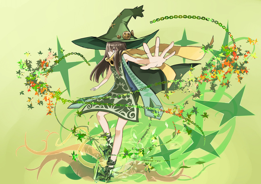 air_lian brown_hair cacturne cape foreshortening gen_3_pokemon green_cape hat highres one_eye_covered outstretched_hand personification pokemon scarf shoes solo spiked_shoes spikes witch_hat
