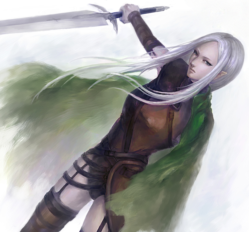 amputee cape claymore claymore_(sword) crossing garter_straps highres irene_(claymore) leather lips long_hair looking_at_viewer nose pointy_ears silver_hair sketch solo sword thighhighs weapon