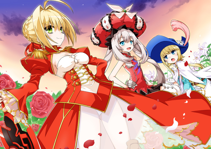 2girls :d aestus_estus ahoge akou_roushi androgynous blonde_hair blue_eyes blush boots breasts chevalier_d'eon_(fate/grand_order) cleavage dress epaulettes fate/extra fate/extra_ccc fate/grand_order fate_(series) flower gloves green_eyes hair_ribbon hat long_hair marie_antoinette_(fate/grand_order) multiple_girls nero_claudius_(fate) nero_claudius_(fate)_(all) open_mouth petals red_dress ribbon rose see-through silver_hair skirt sleeveless small_breasts smile sword thigh_boots thighhighs twintails veil weapon white_gloves