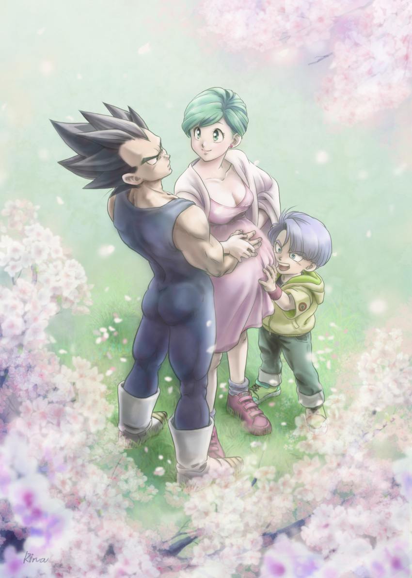 1girl 2boys absurdres black_hair blue_eyes breasts bulma cherry_blossoms child cleavage collarbone dragon_ball dragonball_z dress earrings eye_contact family from_above grass green_eyes green_hair hand_on_another's_stomach highres hood hoodie jewelry looking_at_another looking_up multiple_boys outdoors pregnant shawl shoes short_hair signature sneakers spiked_hair spring_(season) stud_earrings trunks_(dragon_ball) uirina vegeta