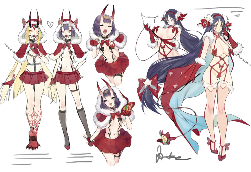 animal_ears bell blonde_hair bondage bow breasts cameltoe cape chain christmas collar demon elbow_gloves fate/grand_order fate_(series) gag garter gloves hayanpool headband horns ibaraki_douji_(fate) long_hair minamoto_no_yorimitsu_(fate) navel purple_eyes purple_hair shuten_douji_(fate) signed skirt tattoo thighhighs white yellow_eyes