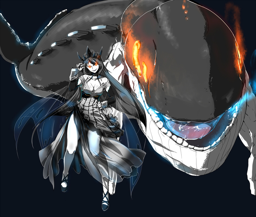 bare_shoulders black_hair black_nails breasts cleavage commentary_request crown dress elbow_gloves gloves hand_on_hip high_heels kantai_collection large_breasts long_hair monster_girl nail_polish orange_eyes orca original personification saliva see-through shinkaisei-kan size_difference skirt smirk tail teeth tongue torichamaru transparent