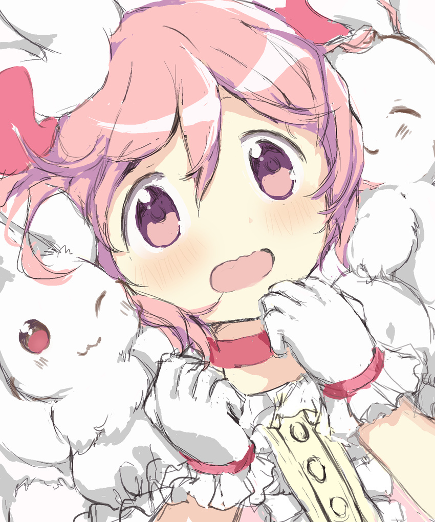 :3 bangs choker fluffy frilled_gloves frilled_sleeves frills gloves hair_ribbon highres hitode kaname_madoka kyubey magical_girl mahou_shoujo_madoka_magica one_eye_closed open_mouth pink_eyes pink_hair pink_ribbon puffy_short_sleeves puffy_sleeves ribbon short_hair short_sleeves short_twintails swept_bangs twintails upper_body wavy_mouth white_gloves