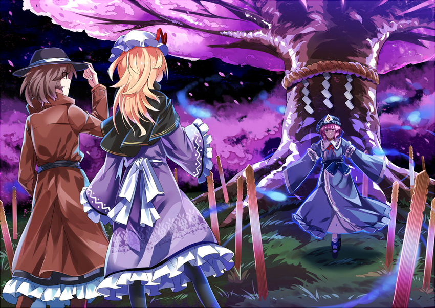 arm_ribbon blonde_hair blue_dress brown_hair capelet cherry_blossoms dress e.o. hat long_sleeves maribel_hearn mob_cap multiple_girls outstretched_arms petals pink_hair purple_dress ribbon rope saigyou_ayakashi saigyouji_yuyuko sash shimenawa touhou tree trench_coat triangular_headpiece usami_renko wide_sleeves