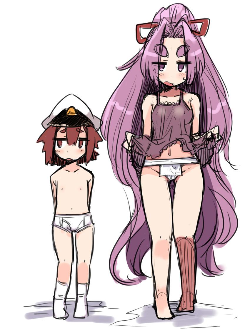 1girl amagaeru_(hylathewet) babydoll blush briefs eyebrows fundoshi hair_ribbon hat hatsuharu_(kantai_collection) highres japanese_clothes kantai_collection little_boy_admiral_(kantai_collection) long_hair ponytail purple_eyes purple_hair ribbon short_eyebrows short_hair underwear underwear_only very_long_hair white_briefs