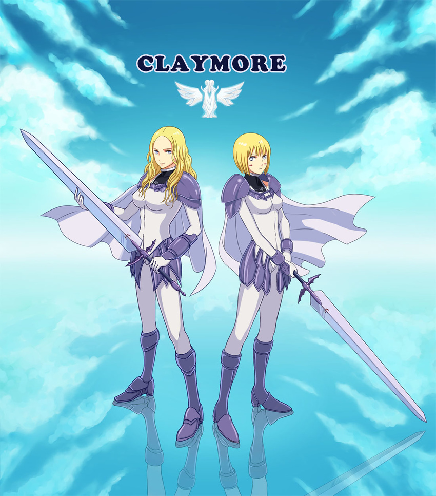 armor armored_boots blonde_hair bodysuit boots cape clare_(claymore) claymore claymore_(sword) cloud copyright_name english highres holding holding_sword holding_weapon long_hair multiple_girls osu pauldrons reflection short_hair silver_eyes straight_hair sword teresa_(claymore) wavy_hair weapon