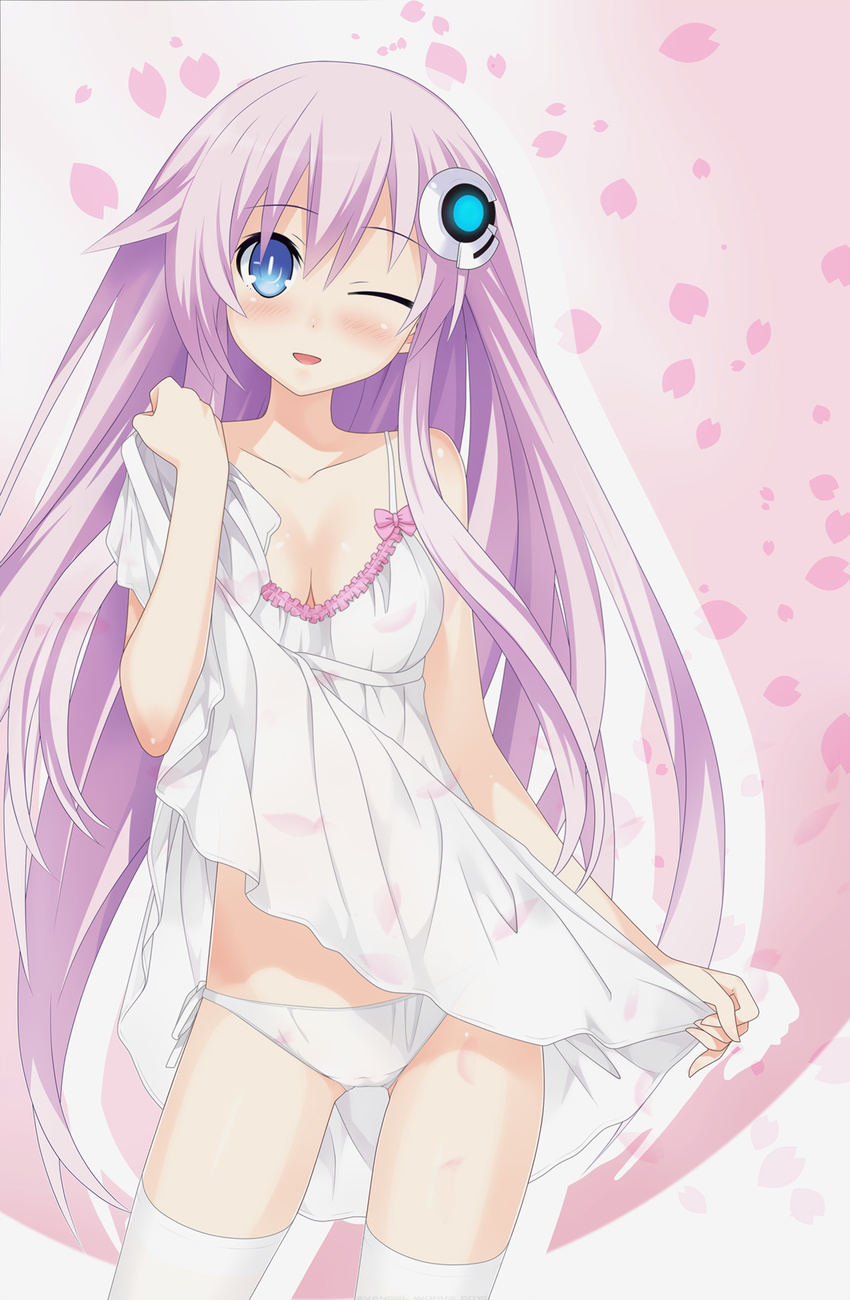 ;d blue_eyes blush breasts choujigen_game_neptune_mk2 cleavage collarbone derivative_work dress gabriel_grayford hair_ornament hand_on_own_shoulder highres lingerie long_hair medium_breasts nepgear neptune_(series) one_eye_closed open_mouth panties pantyshot petals pink_background pink_hair purple_sister side-tie_panties simple_background sleeveless sleeveless_dress smile standing sundress symbol-shaped_pupils thighhighs underwear very_long_hair white_legwear white_panties