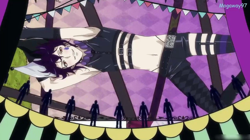 belt black_hair boots circus crop_top dance_with_devils ending frills gloves hat jester_cap looking_at_viewer lying makeup male_focus natsumezaka_shiki navel pierrot red_eyes screencap shorts smile solo striped thighhighs