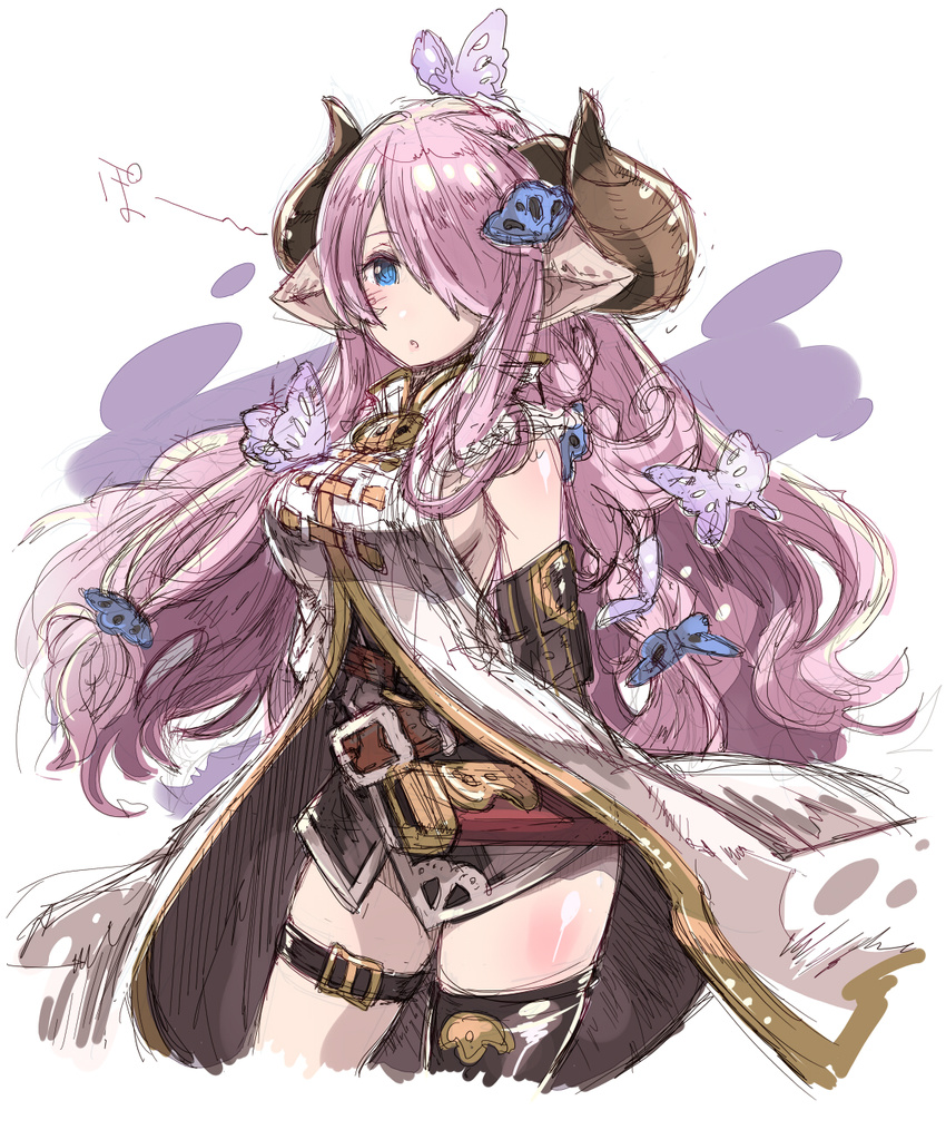 :o black_legwear blue_eyes blush breasts bug butterfly draph granblue_fantasy hair_ornament hair_over_one_eye haku_(sabosoda) highres horns insect long_hair medium_breasts narmaya_(granblue_fantasy) pink_hair pointy_ears sideboob simple_background single_thighhigh solo thigh_strap thighhighs very_long_hair white_background