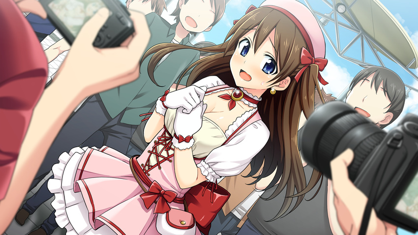 alternate_costume artist_request blue_eyes blush bow breasts brown_hair camera cleavage cloud cloudy_sky day digital_camera dress game_cg gloves go!_go!_nippon!_2015 go!_go!_nippon!_~my_first_trip_to_japan~ hair_bow hands_on_own_chest long_hair medium_breasts misaki_makoto_(go!_go!_nippon!) no_eyes non-web_source official_art open_mouth outdoors puffy_sleeves sky solo_focus twintails