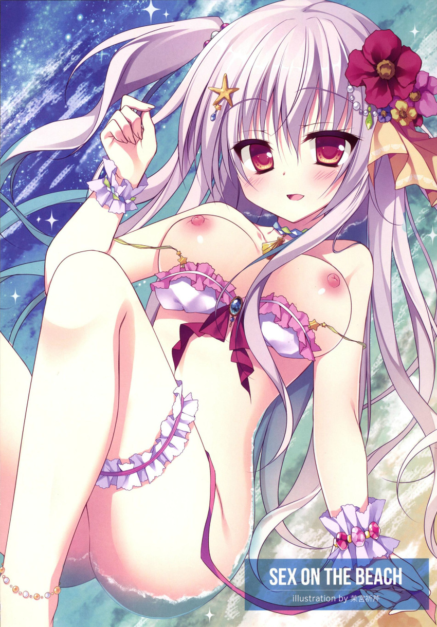 absurdres bikini_pull bikini_top bottomless breasts flower hair_flower hair_ornament highres large_breasts long_hair looking_at_viewer matsumiya_kiseri nipples open_mouth original red_eyes silver_hair solo water