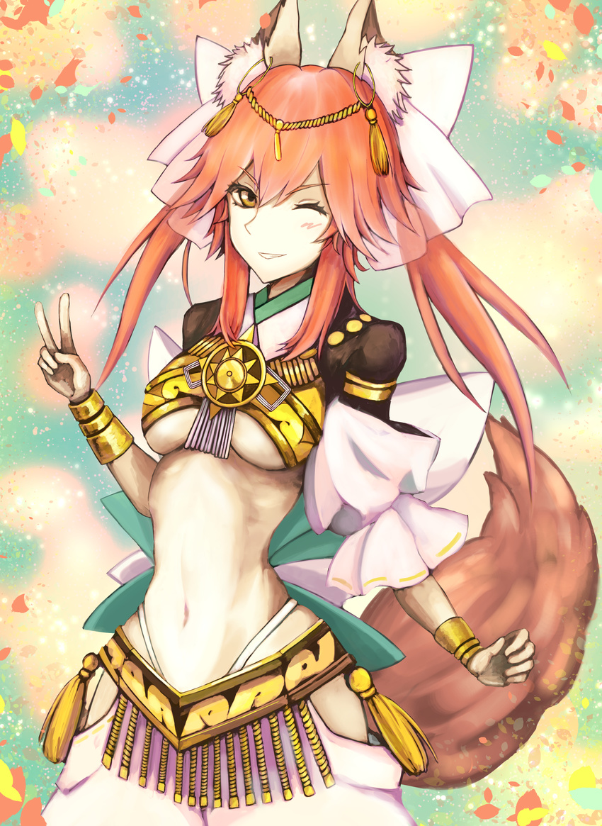 absurdres amaterasu_(fate) animal_ears blush breasts fate/extra fate/extra_ccc fate_(series) fox_ears fox_tail hair_ribbon highres kaze_minoru_so-ru long_hair looking_at_viewer medium_breasts navel one_eye_closed open_mouth pink_hair ribbon solo tail tamamo_(fate)_(all) tamamo_no_mae_(fate) twintails underboob v yellow_eyes