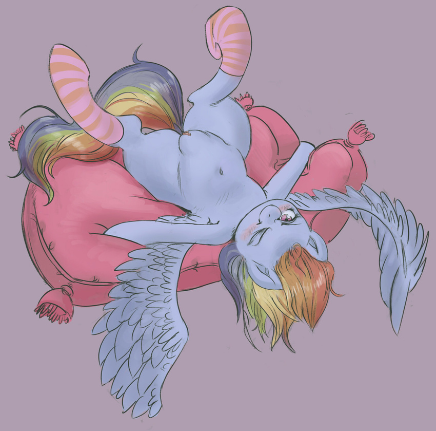 2015 blush clothing cushion edit equine feathered_wings feathers female friendship_is_magic hair legwear looking_at_viewer lying mammal multicolored_hair my_little_pony navel on_back one_eye_closed pegasus poneebutz pussy rainbow_dash_(mlp) rainbow_hair simple_background socks solo striped_legwear striped_socks stripes wings wink