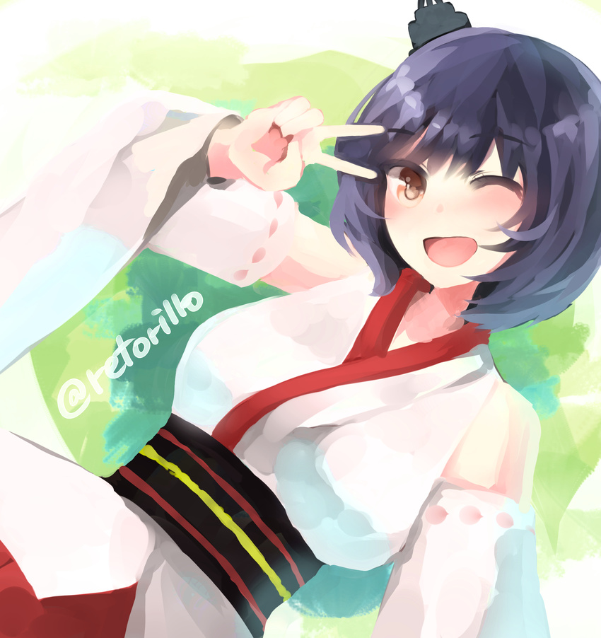 bad_id bad_pixiv_id bare_shoulders black_hair breasts detached_sleeves hair_ornament highres japanese_clothes kantai_collection medium_breasts nontraditional_miko obi one_eye_closed open_mouth red_eyes retorillo sash short_hair skirt smile solo twitter_username v yamashiro_(kantai_collection)