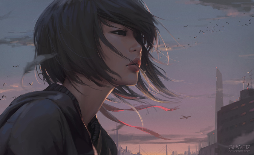 animal bird black_eyes black_feathers black_hair black_jacket building cityscape close-up face flock from_side guweiz highres jacket lips original outdoors parted_lips ribbon short_hair skyscraper solo sunset wind