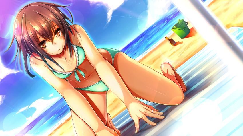 all_fours barefoot beach beach_towel brown_eyes brown_hair cloud day dutch_angle front-tie_top fuuki_(te_fuukin) highres jewelry kantai_collection lens_flare navel ocean outdoors ring sand short_hair solo swimsuit towel wakaba_(kantai_collection) water wedding_band