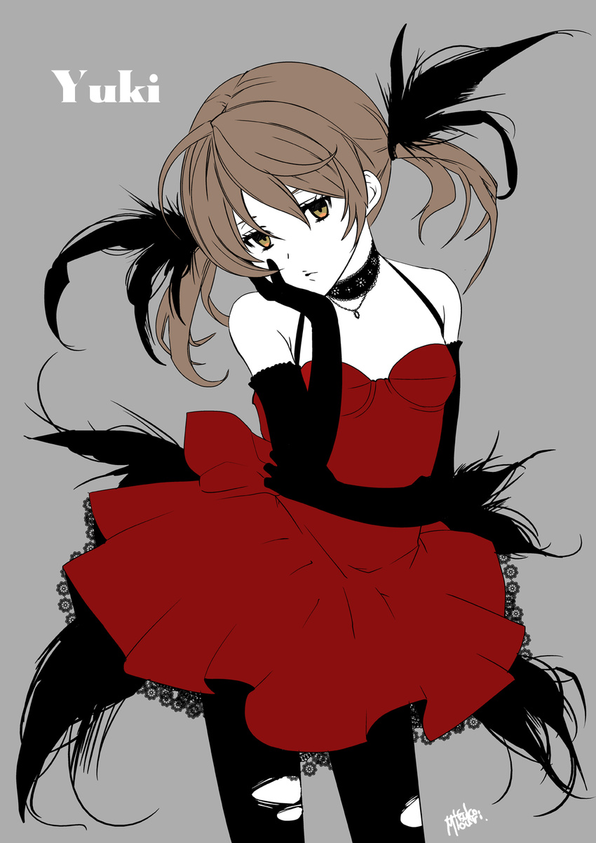 bangs black_gloves black_legwear brown_eyes brown_hair character_name cowboy_shot dress feathers gloves grey_background hair_feathers hair_ornament hand_on_own_cheek hand_on_own_face highres kaai_yuki lace lace-trimmed_dress long_hair mouri necktie pantyhose red_dress simple_background sketch solo torn_clothes torn_legwear twintails vocaloid white_skin