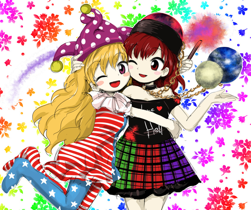 american_flag_dress american_flag_legwear bare_shoulders blonde_hair chain cheek-to-cheek clothes_writing clownpiece collar dress earth harusame_(unmei_no_ikasumi) hat hecatia_lapislazuli hug jester_cap long_hair looking_at_viewer miniskirt moon multicolored multicolored_clothes multicolored_skirt multiple_girls official_style one_eye_closed oota_jun'ya_(style) open_mouth pantyhose parody pink_eyes polos_crown red_eyes red_hair shirt short_dress skirt smile striped striped_dress style_parody torch touhou very_long_hair