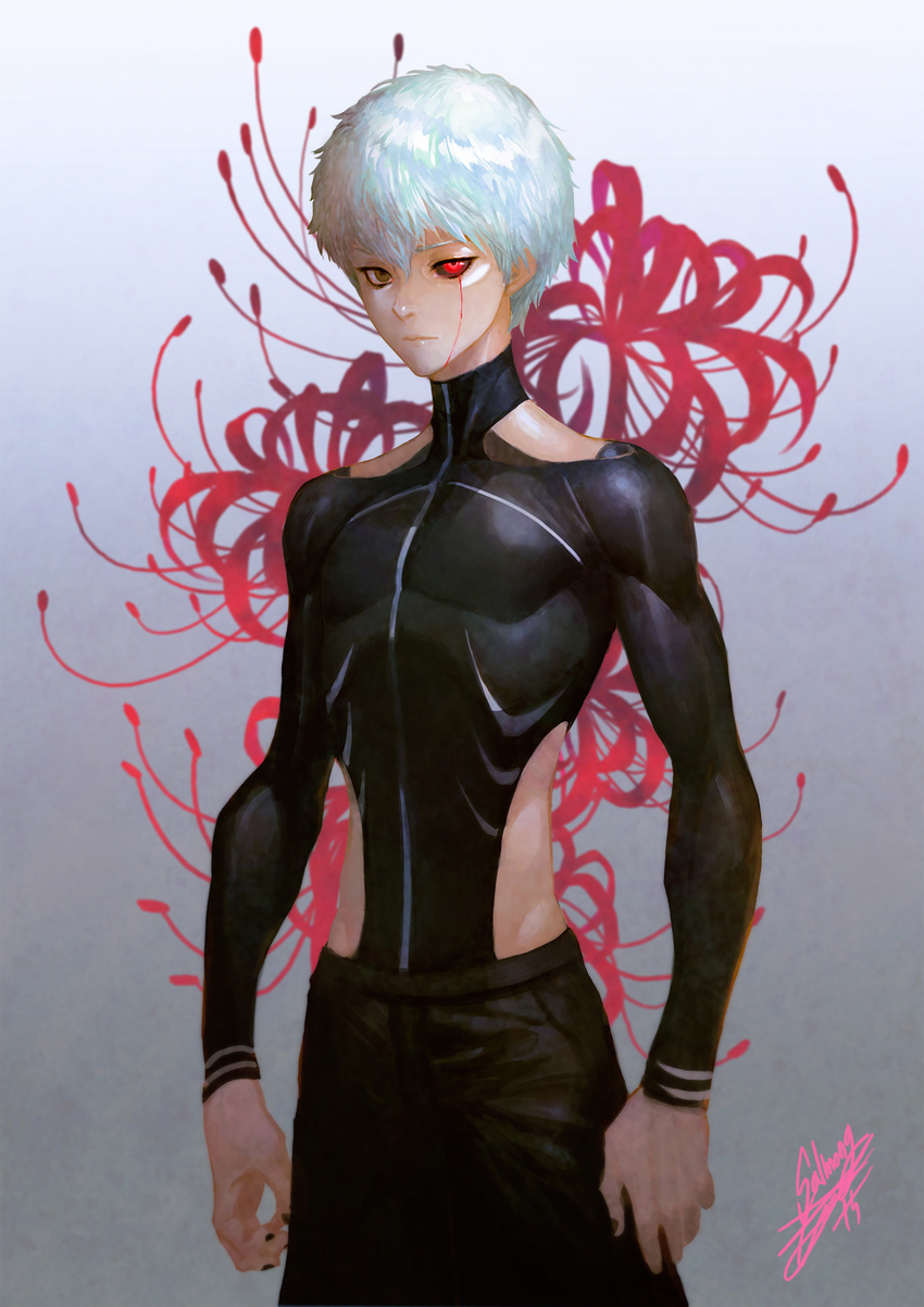 black_nails black_sclera blood blood_on_face flower heewon_lee heterochromia highres kaneki_ken male_focus nail_polish red_eyes signature silver_hair solo spider_lily tokyo_ghoul yellow_eyes